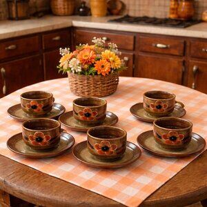 Vintage Stoneware Clay Made in Japan Pottery Glazed Sake Cup and Saucer - 6 sets